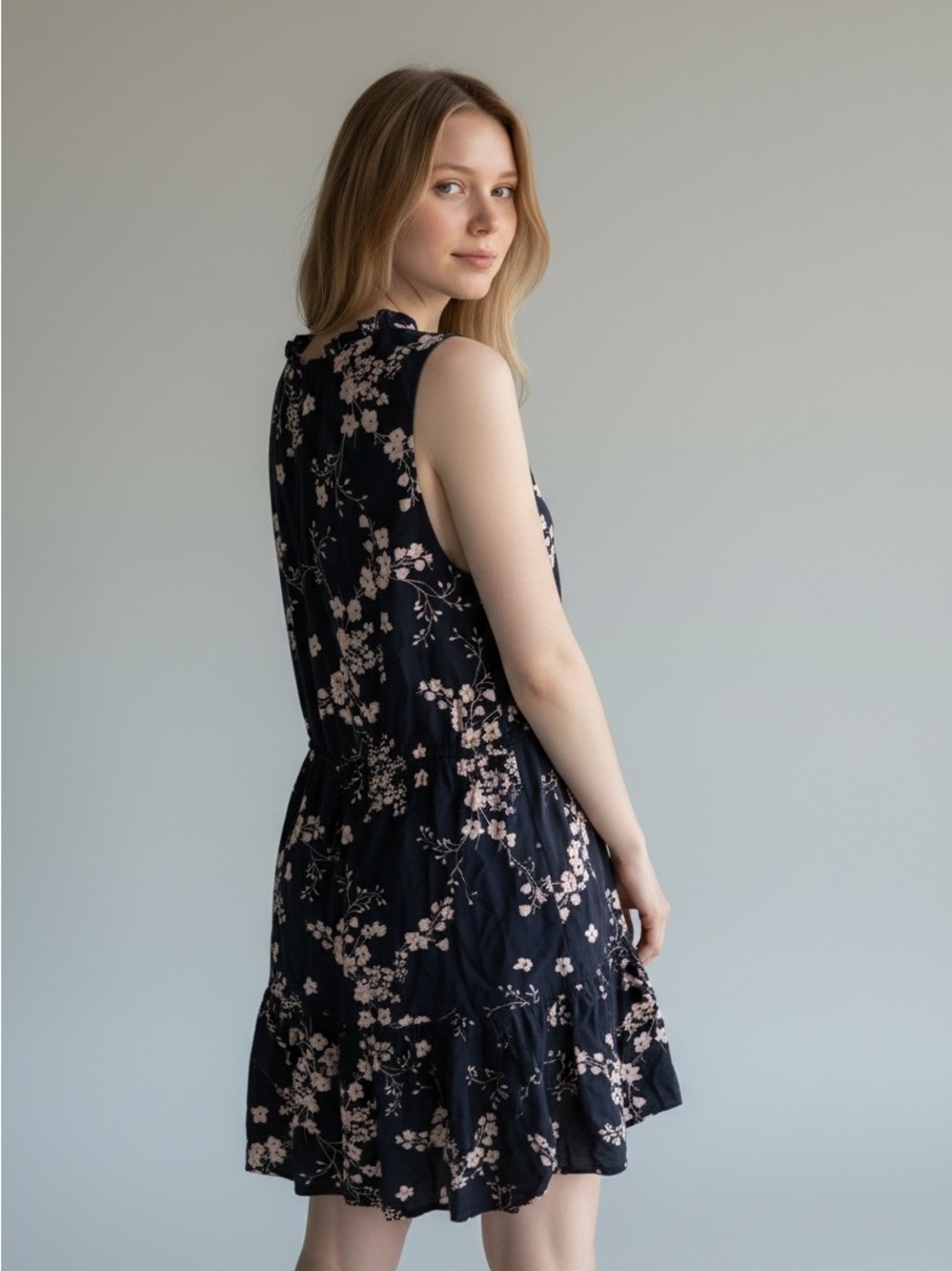GAP Navy Sleeveless Dress with Pale Pink Floral Print - Picture 2 of 5